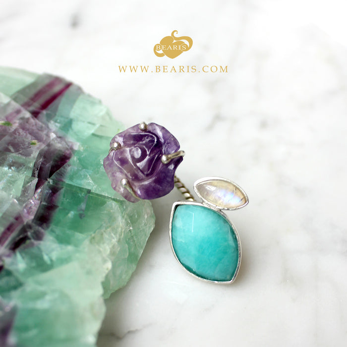 Sortija Flor Amatista + Amazonita + Piedra Luna