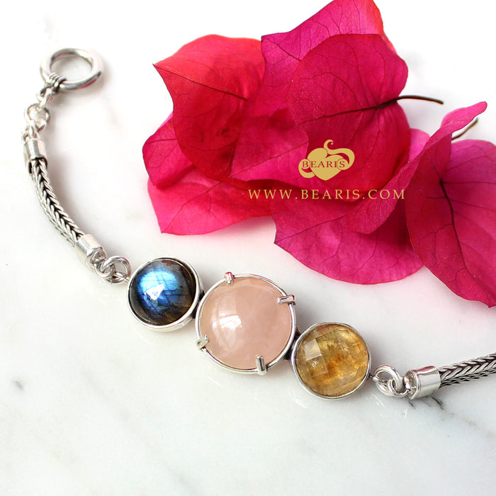 Pulsera Labradorita Azul + Cuarzo Rosa + Citrino